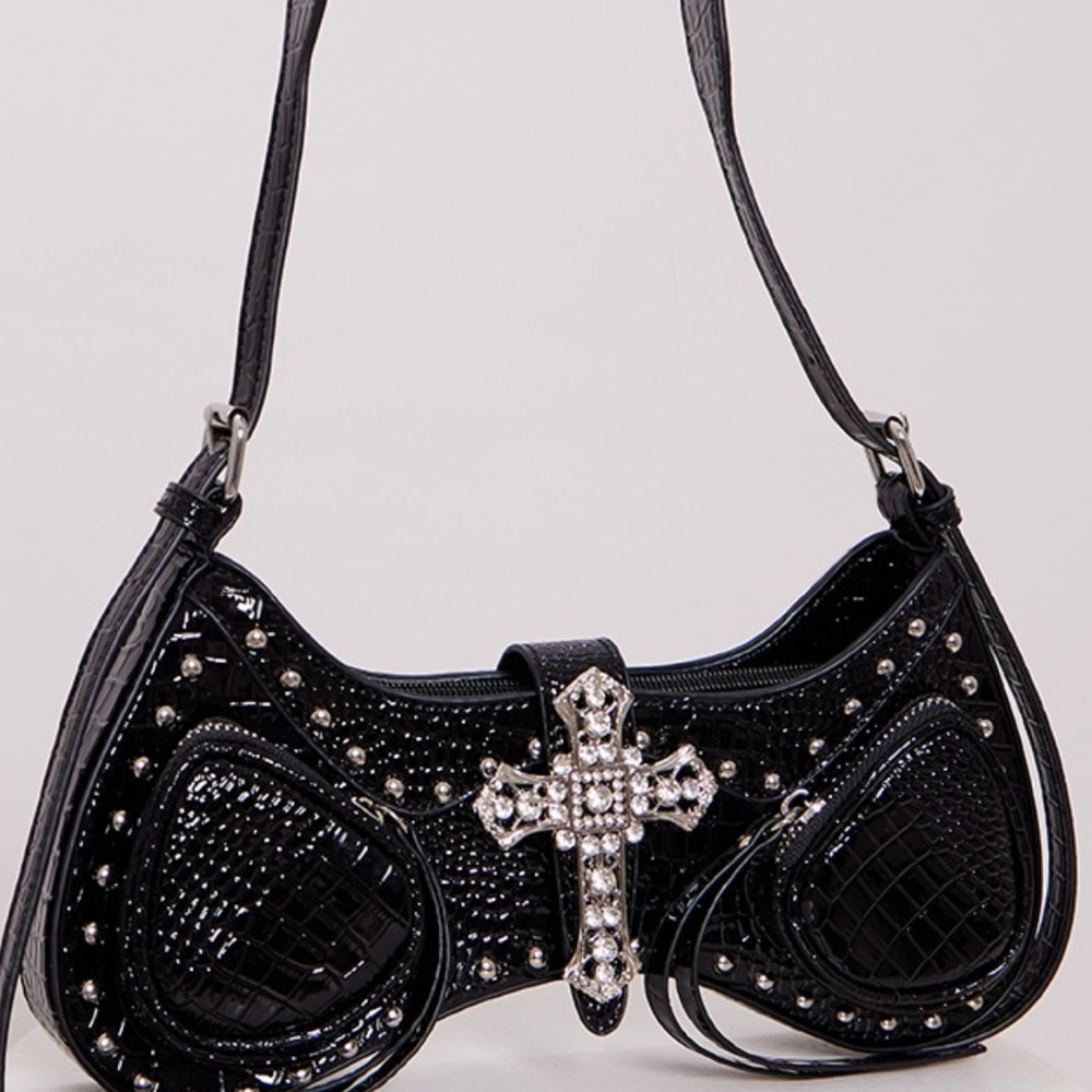 BLACK CROC DIAMANTE CROSS WESTERN SHOULDER BAG